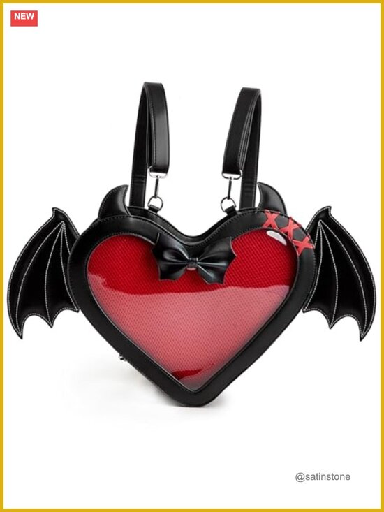 Gothic Heart Bat Wing Backpack Convertible Shoulder Bag Clear Window Display